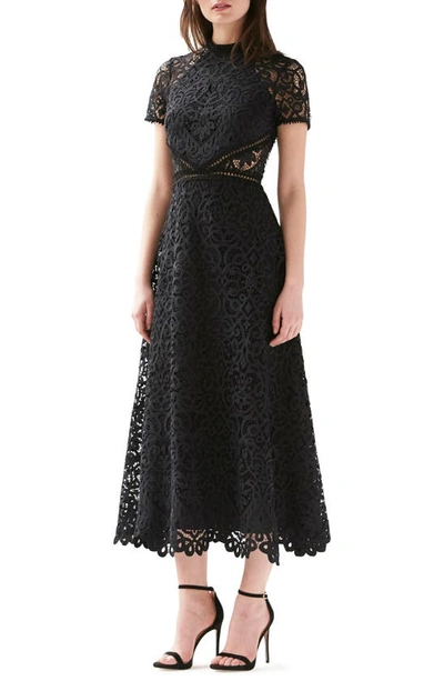 ml Monique Lhuillier Lace Short-sleeve A-line Midi Dress In Black