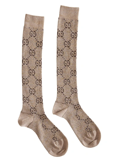 Gucci Lamé Gg Socks In Beige