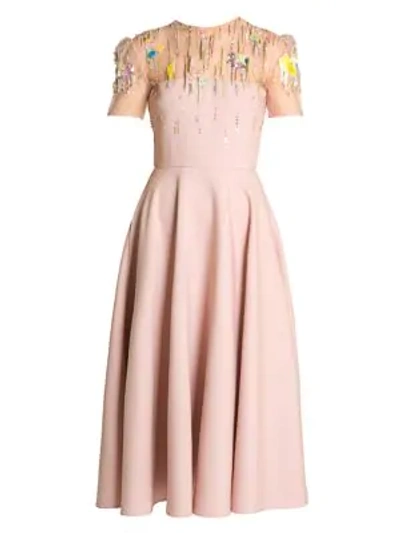 Valentino Embellished Illusion Yoke Wool & Silk Midi Dress In Soft Pink
