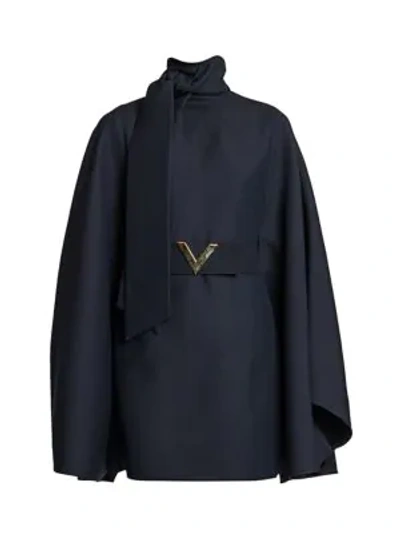Valentino Crepe Couture Belted Cape Dress In Navy