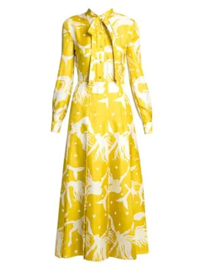Valentino Pussy-bow Pleated Printed Silk-georgette Midi Dress In Sunflower