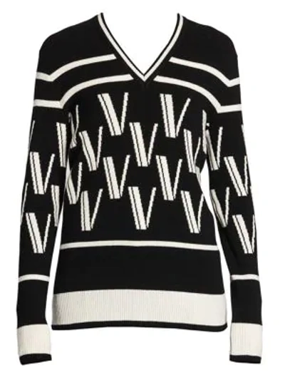 Valentino Double V Intarsia Knit Wool & Cashmere Sweater In Nero Bianco