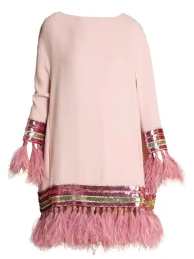 Valentino Feather-trimmed Embellished Cady Silk Tunic Dress In Pink