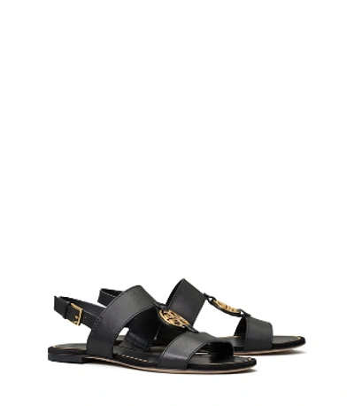 Tory Burch Metal Miller Embellished Textured-leather Slingback Sandals In Perfect Black/gold