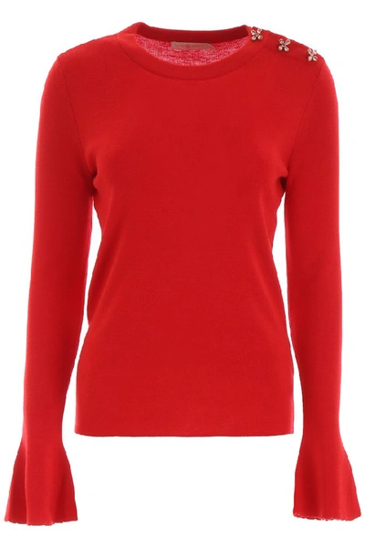 Tory Burch Bijoux Crystal Button Detail Merino Wool Sweater In Red