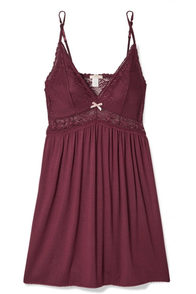 Eberjey Colette Mademoiselle Point D'esprit Stretch-tulle And Lace-paneled Stretch-modal Chemise In Bordeaux