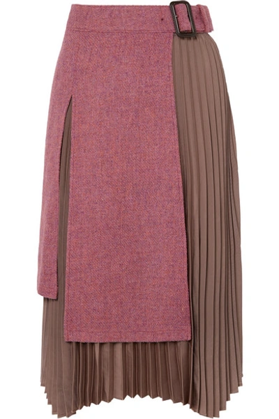 Andersson Bell Layered Wool-tweed And Pleated Satin Midi Skirt In Pink