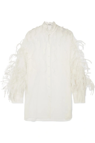 Valentino Feather-trimmed Ruffled Silk-organza Blouse In Ivory