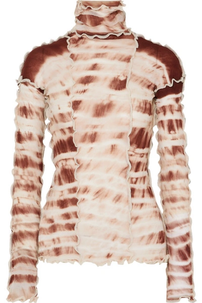 Asai Hotwok Ruffled Tie-dyed Stretch-mesh Turtleneck Top In Brown