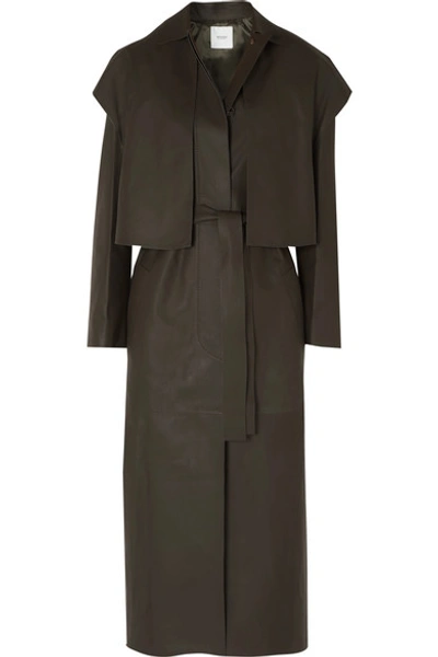 Agnona Leather Trench Coat In Army Green