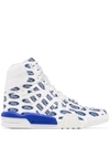 VERSACE WHITE AND BLUE FORD LOGO HI-TOP SNEAKERS