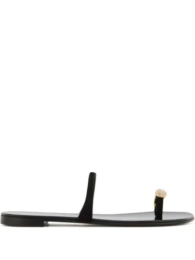 Giuseppe Zanotti Ring Swarovski Crystal Leather Toe-loop Sandals In Black