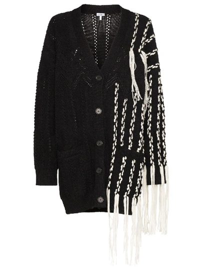 Loewe Contrast Detail Fringed Asymmetric Cardigan In Black