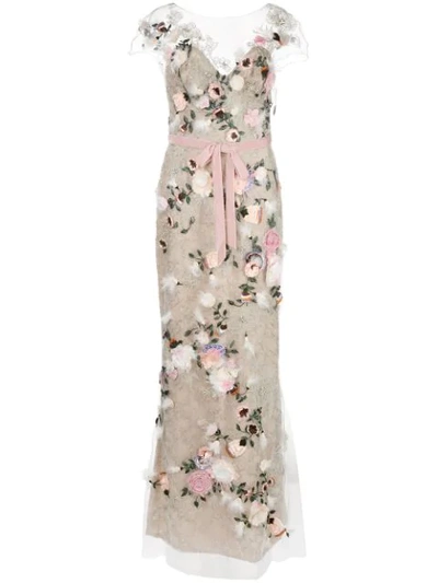 Marchesa Cap Sleeve Embellished Evening Gown In Neutrals