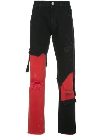 Raf Simons Multicolor Men's Destroyed Double Layer Denim Pants In Black ,red