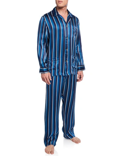 Derek Rose Men's Brindisi 40 Striped Silk Pajamas In Navy