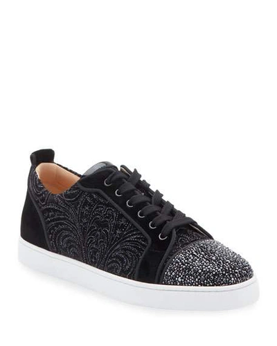 Christian Louboutin Men's Louis Junior Jeweled-velour Low-top Sneakers In Black