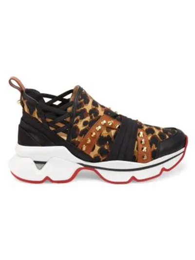 Christian Louboutin 123 Run Spiked Leopard-print Neoprene, Leather, Satin And Grosgrain Sneakers In Black Leopard