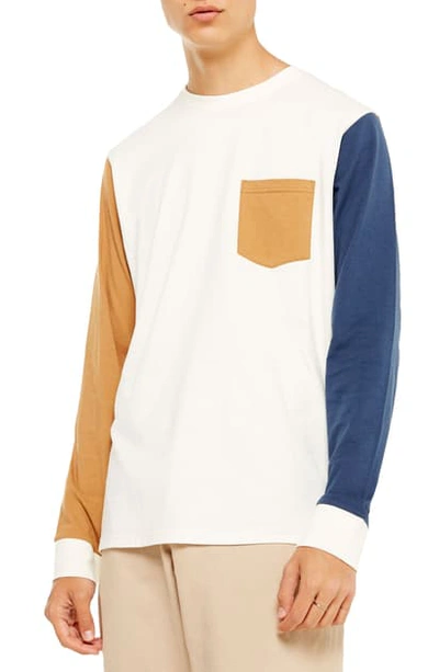 Topman Colorblock Long Sleeve Pocket T-shirt In White Multi