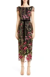 MARCHESA NOTTE FLORAL EMBROIDERED MIDI DRESS,N33M1026