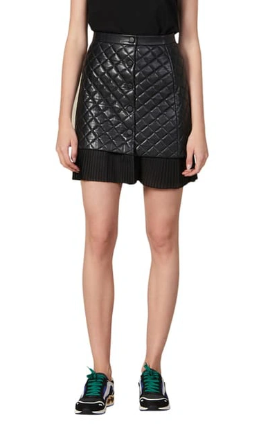 Sandro Square Quilted Leather & Pleated Hem Mini Skirt In Black