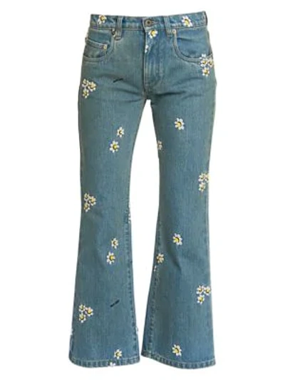 Miu Miu Floral-embroidered Cropped Flare Jeans In Azzurro