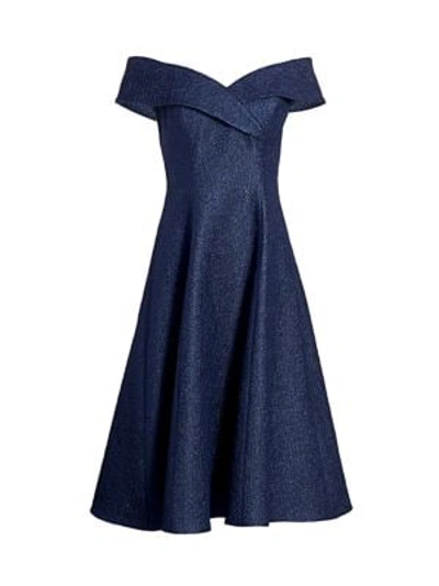 Teri Jon By Rickie Freeman Off-the-shoulder Jacquard Fit-&-flare Dress In Navy