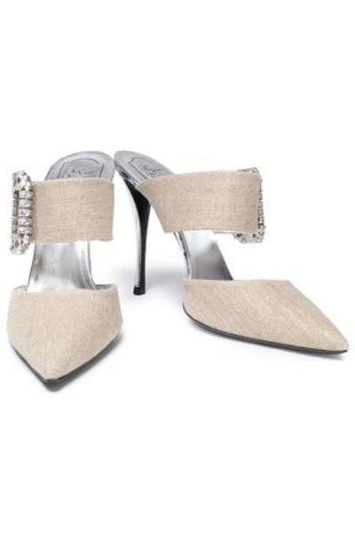 Roger Vivier Woman Crystal-embellished Canvas Mules Sand In Neutrals