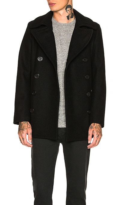 Schott Piped-trim Double-breasted Coat In Black