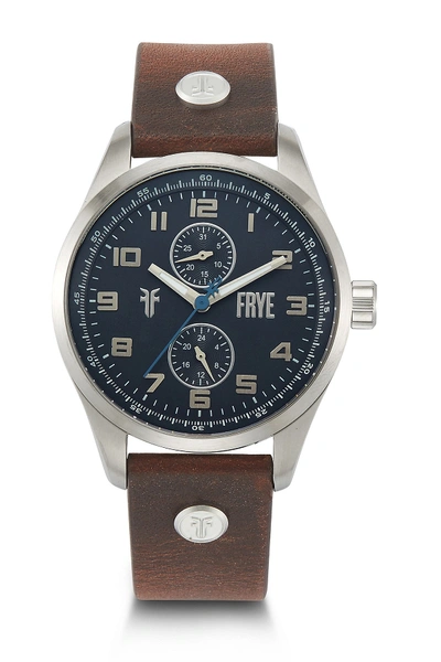 Frye Unisex Bowery Cognac Leather Strap Watch, 43mm In Ss
