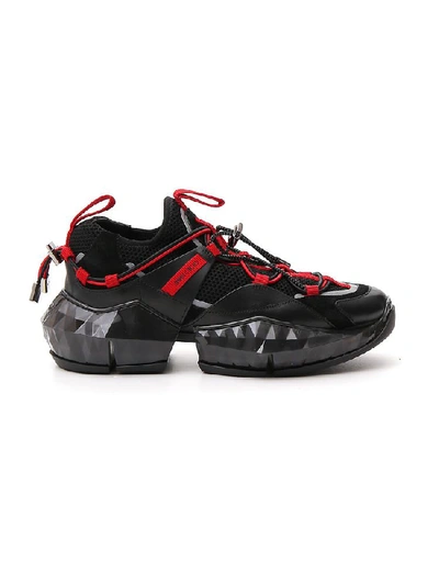 Jimmy Choo 50mm Diamond Mesh & Suede Sneakers In Black/red