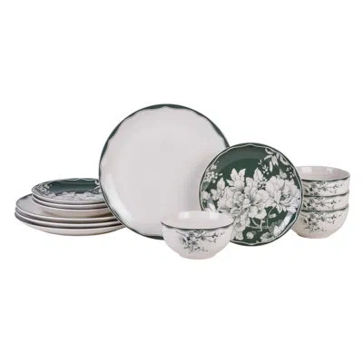 222 Fifth Brittany 12-piece Porcelain Dinnerware Set - Service For 4, Plate & Bowl Set In Green