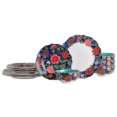 222 Fifth Chintz 12-piece Blue Porcelain Dinnerware Set – Service For 4, Plate & Bowl Set In Parisian Blue