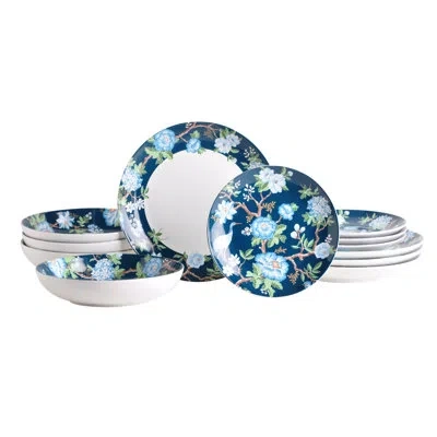 222 Fifth Nightingale 12-piece Blue Porcelain Dinnerware Set – Service For 4, Plate & Bowl Set In Dusk