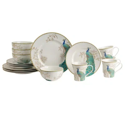 222 Fifth Peacock Garden 16-piece Blue Porcelain Dinnerware Set - Service For 4, Gold Peacock Design In Blue;white
