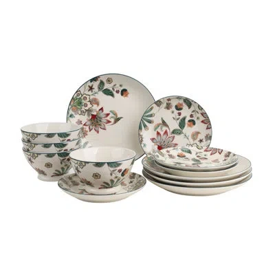 222 Fifth Perse White Porcelain 12-piece Dinnerware Set For 4 - Floral Pattern, Ceramic Plates And Bowls Set, 