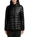 Moncler Raie Tie Waist Hooded Lightweight Down Jacket In Black