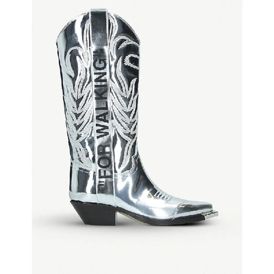 Off-white “for Walking” Metallic-leather Heeled Ankle Boots In Silver
