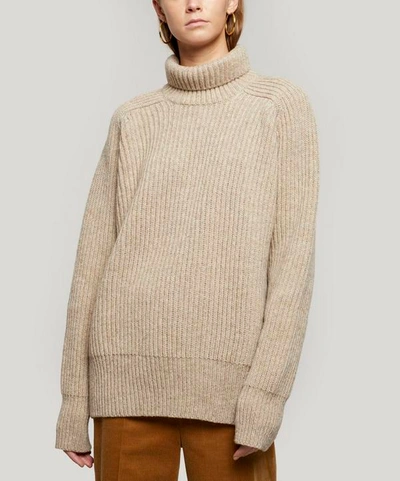 Ami Alexandre Mattiussi Fisherman Roll-neck Ribbed Wool Sweater In Beige