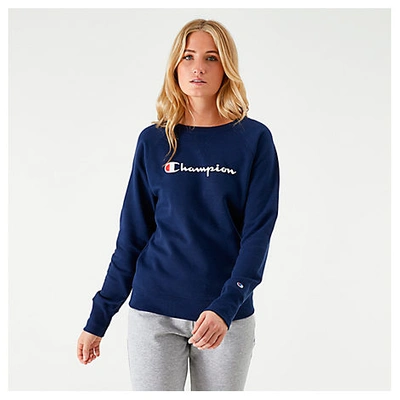 Champion Women's Powerblend Script Logo Crew Sweatshirt In Brown/blue