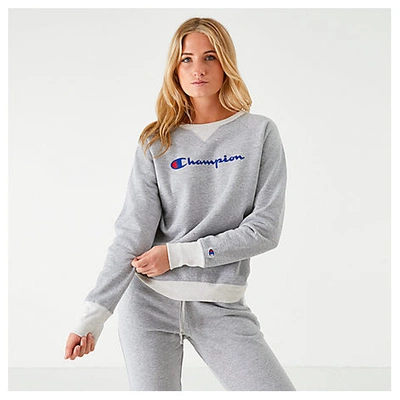 Champion Women's Powerblend Script Logo Crew Sweatshirt In Grey