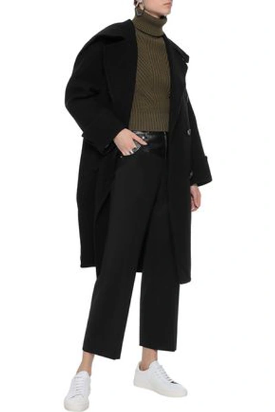 Helmut Lang Woman Leather-trimmed Brushed Wool Coat Black