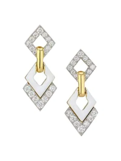 David Webb Women's Motif 18k Yellow Gold, Platinum, White Enamel & Double Diamond Interlocking Earrings In Ylwgold