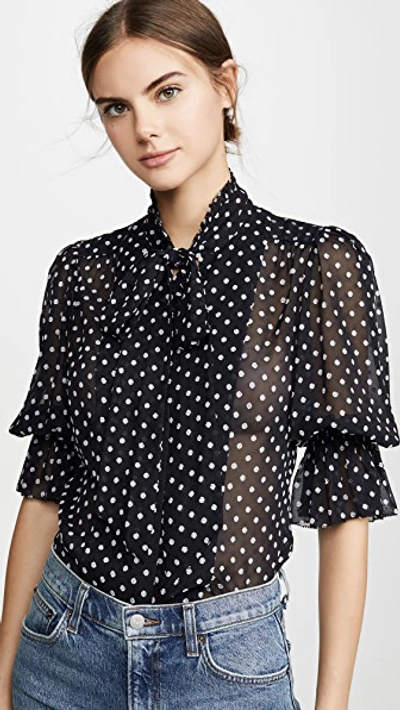Alexis Calixte Embroidered Dot Tie-neck Top In Black Embroidered Dot