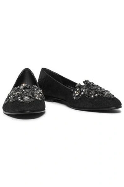 René Caovilla Embellished Leather Loafers In Black