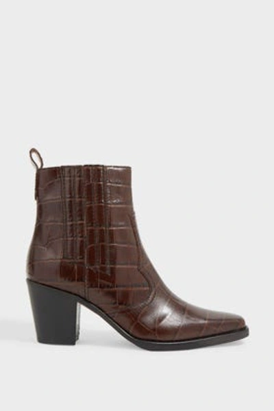 Ganni Western Croc-effect Leather Boots In Brown