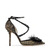 JIMMY CHOO ODETTE 100 Black Lace Wraparound Heels with Feather and Crystal embellishment,ODETTE100WQQ