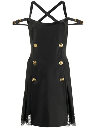 Versace Button-embellished Satin And Lace-trimmed Wool-blend Twill Mini Dress In Black