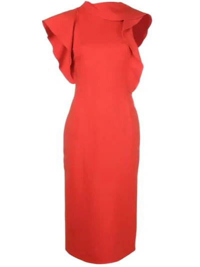 Oscar De La Renta Asymmetric Ruffle-sleeve Midi Dress In Poppy