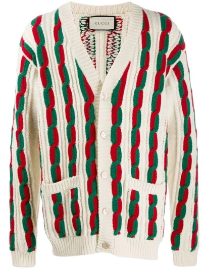 Gucci Web Stripe Cable Knit Cardigan In Multicolor